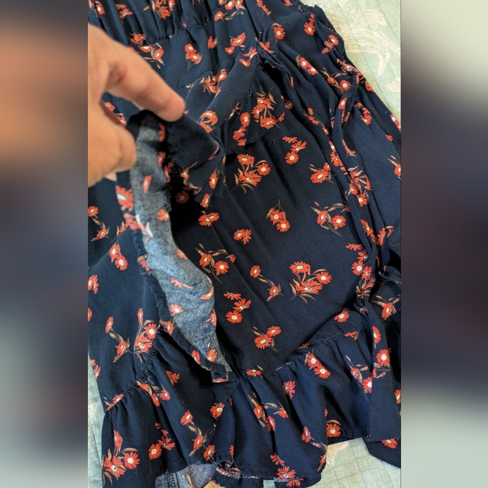 Faded Rose Floral Navy and Orange Ruffle Dress. Junior's Size L. - Picture 8 of 9